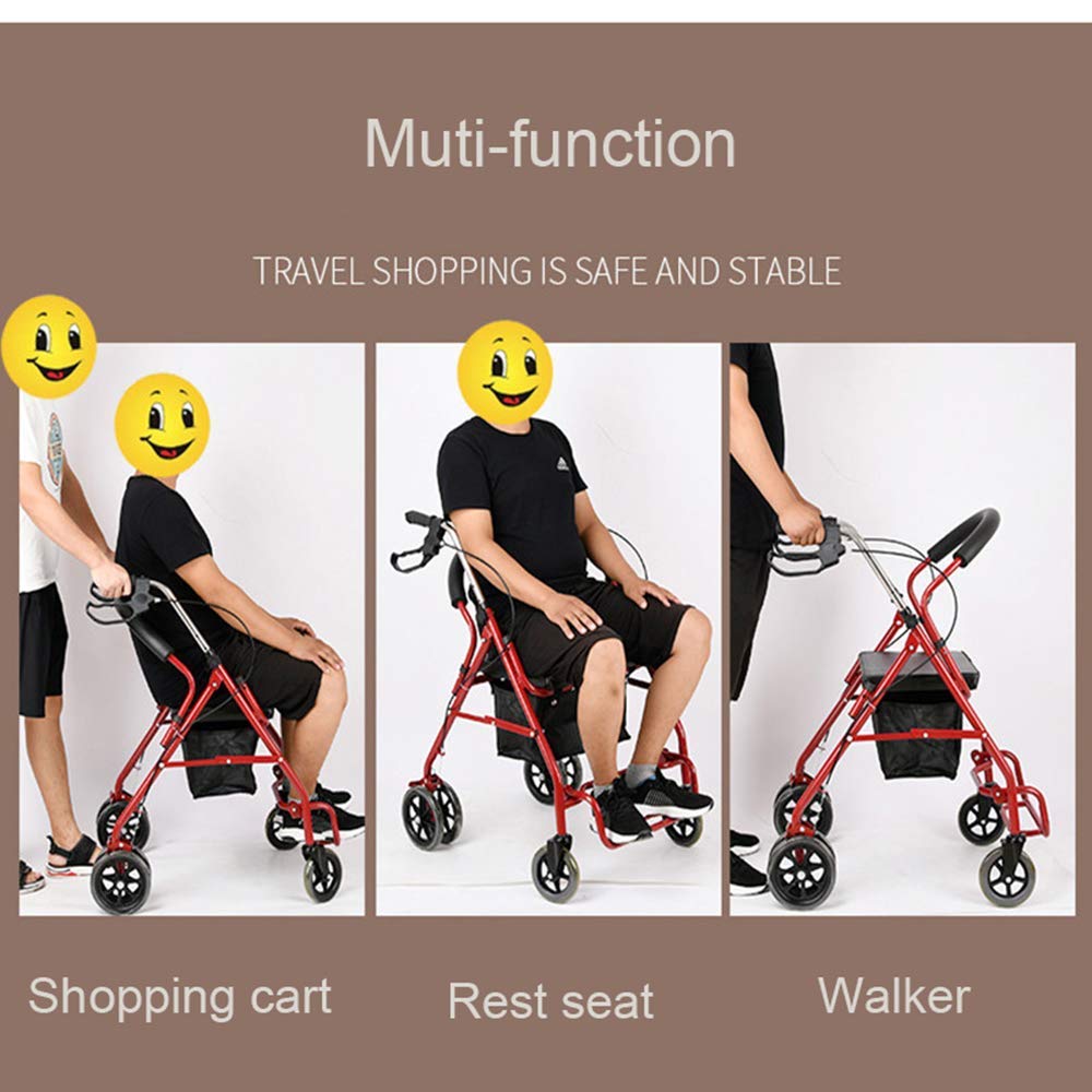Deambulatore Pieghevole Pieghevole con Sedile e Schienale Imbottiti 4 Grandi Ruote Ausilio per la Mobilità per Adulti Anziani Anziani Handicap con Freni
