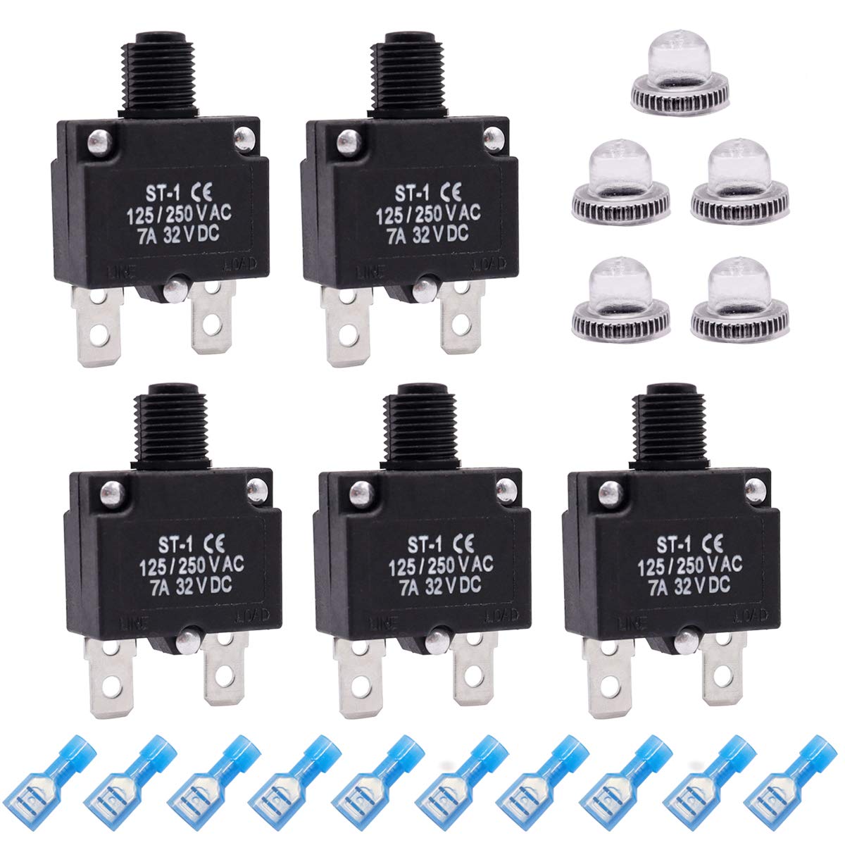 mxuteuk 5Pcs 3,5,10,15,20Amp Circuit Breakers Push Button Manual Reset 125/250V AC 32V DC,Overload Protector Switch Thermal Circuit Breakers with Quick Connect Terminals and Waterproof Button Caps — Amazon image 9