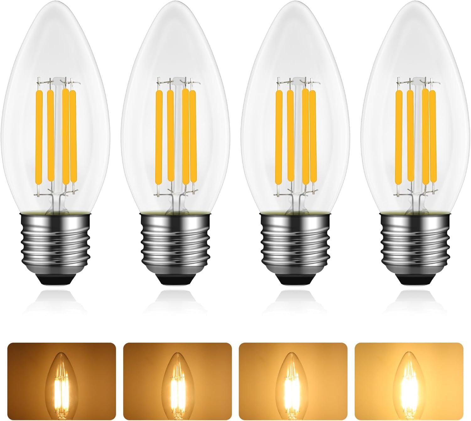 Lamptobe 4W E27 LED Filament Candle Bulb, E27 Edison Screw ES LED Vintage Filament Bulb 40W E27 Halogen Candle Bulb Equivalent Warm White 2700K for Antique Decoration Lighting, 4-Pack?Non-Dimmable?