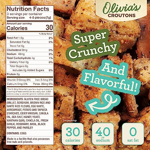Image of Olivia's Croutons Gluten Free Garlic Croutons, 0.75 oz, 50 Count | Ancient grain bread, dairy free, vegetarian, individual packs, salad and soup topping, non gmo