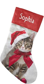 XOZOTY Christmas Cat Personalized Christmas Stockings with Name for Family Holiday Decor Xmas Gift 17.52 x 7.87 Inch