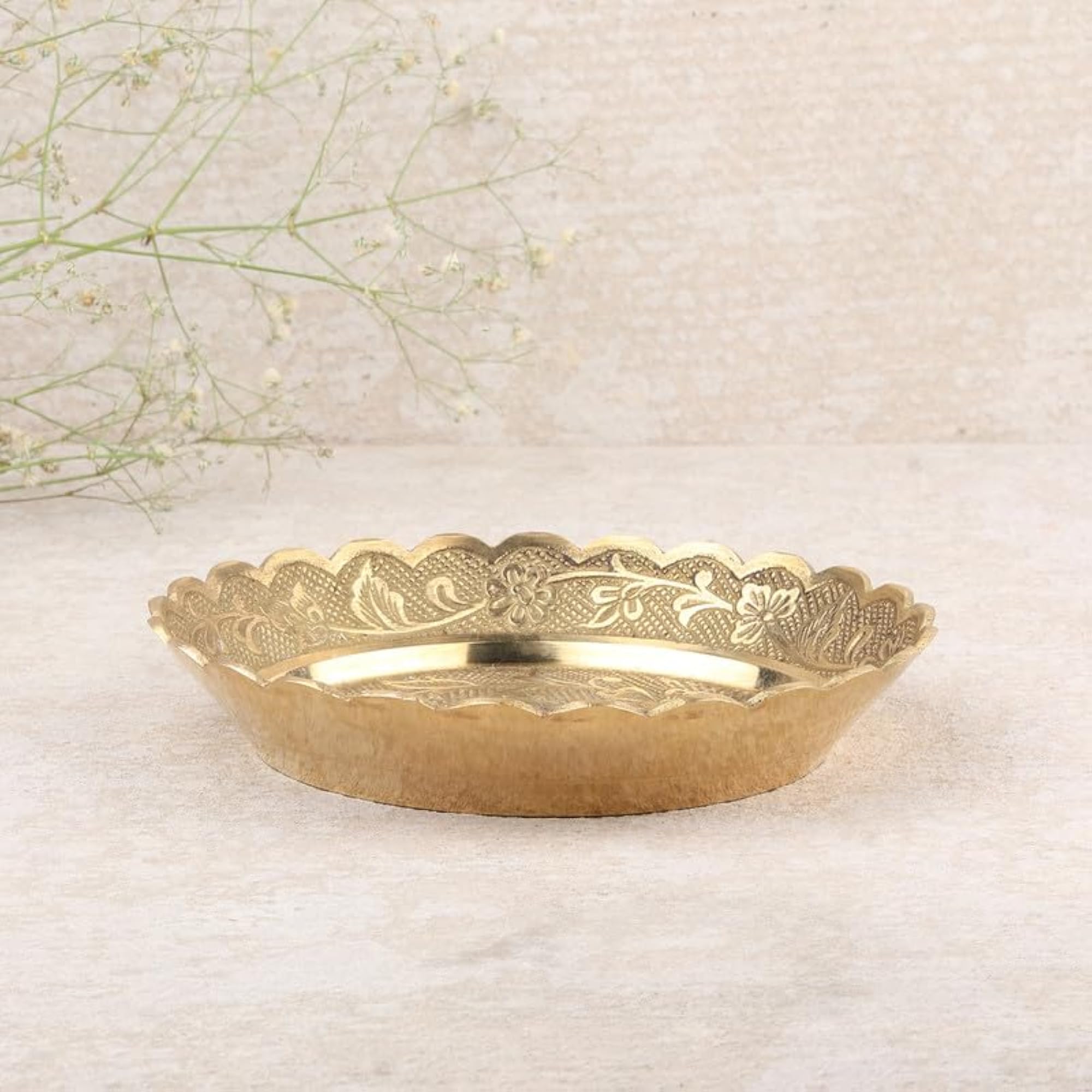 Handmade Pure Brass Crafted Puja Thali with Flower Embossed Design