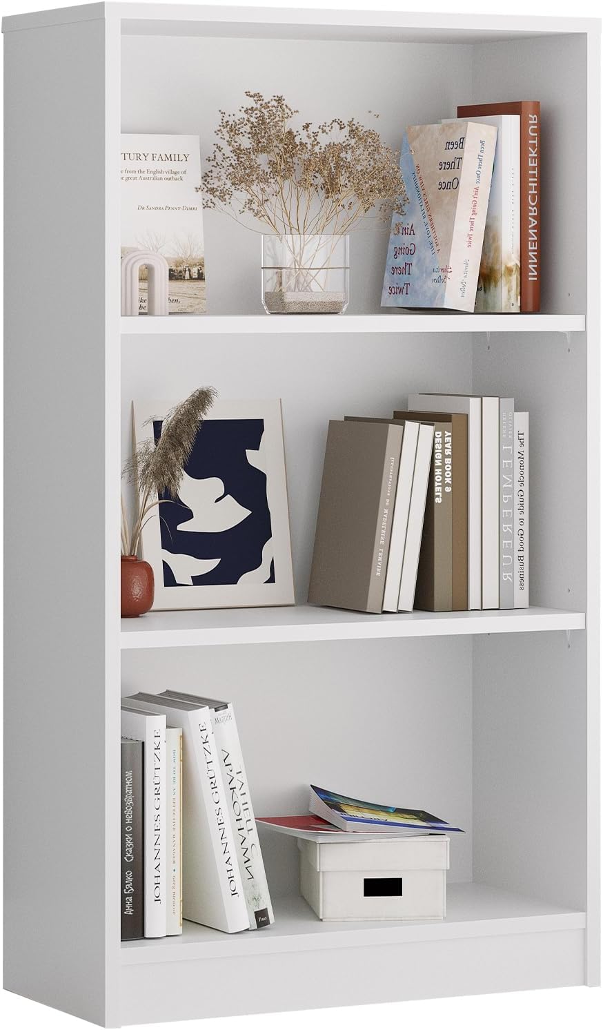 Full view of the STARY 3-shelf bookcase filled with books and decor