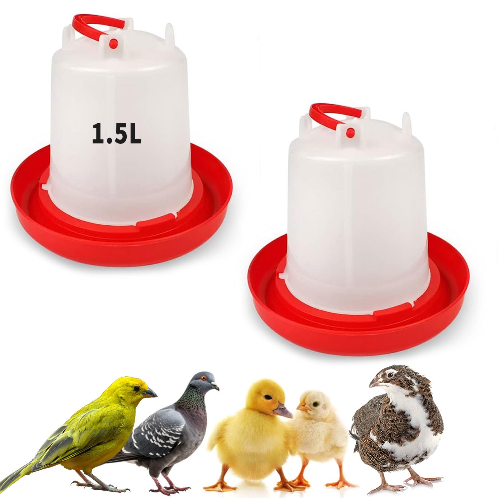 Set di 2 abbeveratoi per pulcini da 1,5 l con manico, per pulcini, anatre, tacchini e piccoli uccelli da fattoria, dispenser d'acqua in plastica per Coop