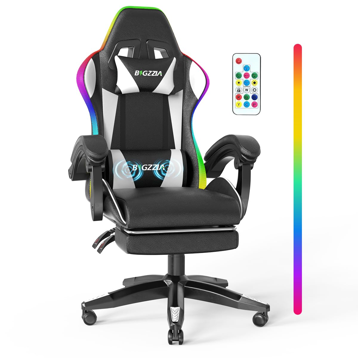 Bigzzia Gaming Stuhl mit Massagefunktion, Ergonomisch Gaming Chair Grün | Gaming Sessel mit Fußstütze, verstellbare Rückenlehne 90-135°, PC-Stuhl Massage-Lendenkissen für Erwachsene, Mädchen&Jungen