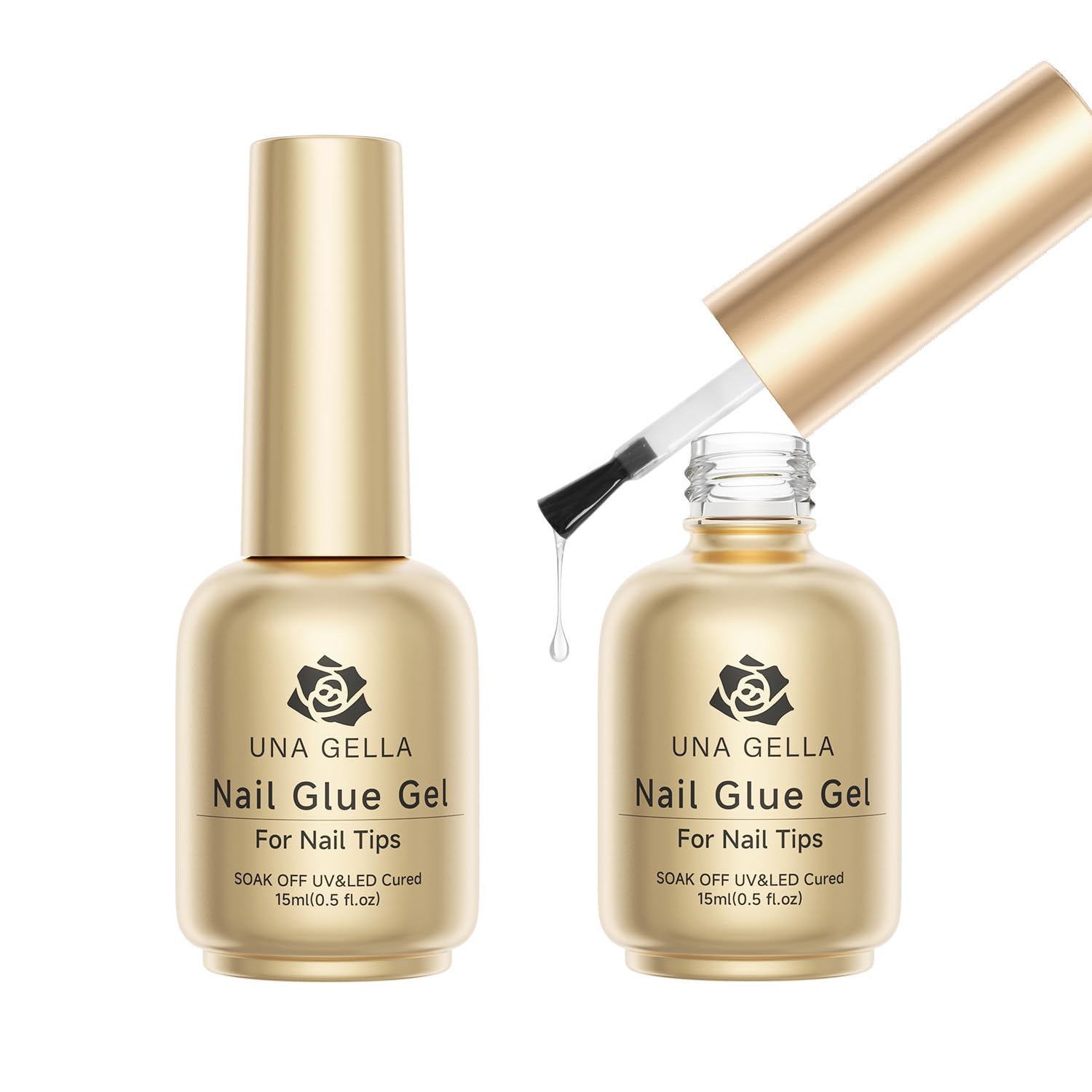 UNA GELLA 6 in 1 Gel Nail Glue for Clear Acrylic Nail Tips and Base Coat, 2Pcs 15ml Long Lasting Super Strong Brush Nail Glue for Fake Nails Tips, Clear Press on Nails Lamp Curing Needed UV