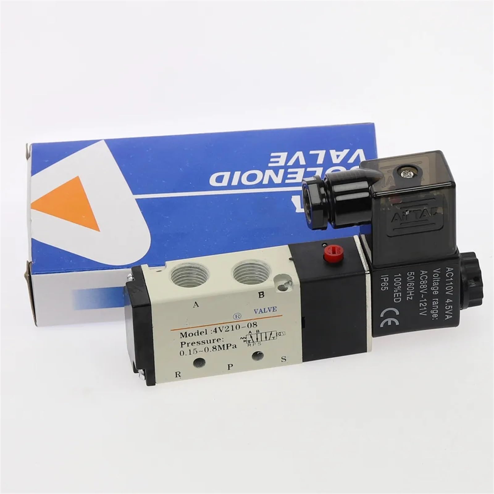 1 sztuka 3Way 4V210-08 pneumatyczny DC12V DC24V AC110 AC220 potrójny zawór elektromagnetyczny w podstawie złączy Push-In, tłumik 1/4" (złączki 4 mm, AC110V)