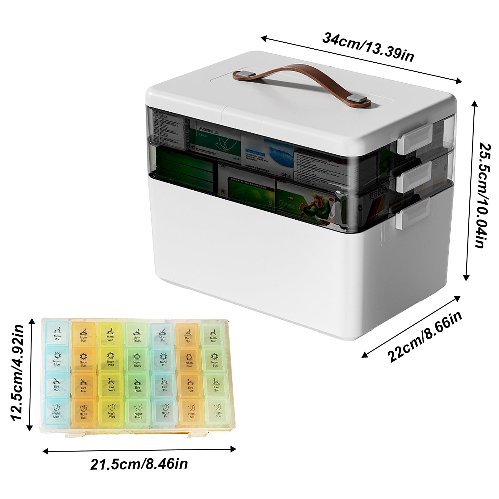 Porta Medicine a 3 Livelli – Organizer Medicinali da Casa, Scatola Medicinali Grande con 28 Scomparti, Contenitore per Medicinali con Maniglia, per Famiglia, Ufficio, Scuola e Viaggio
