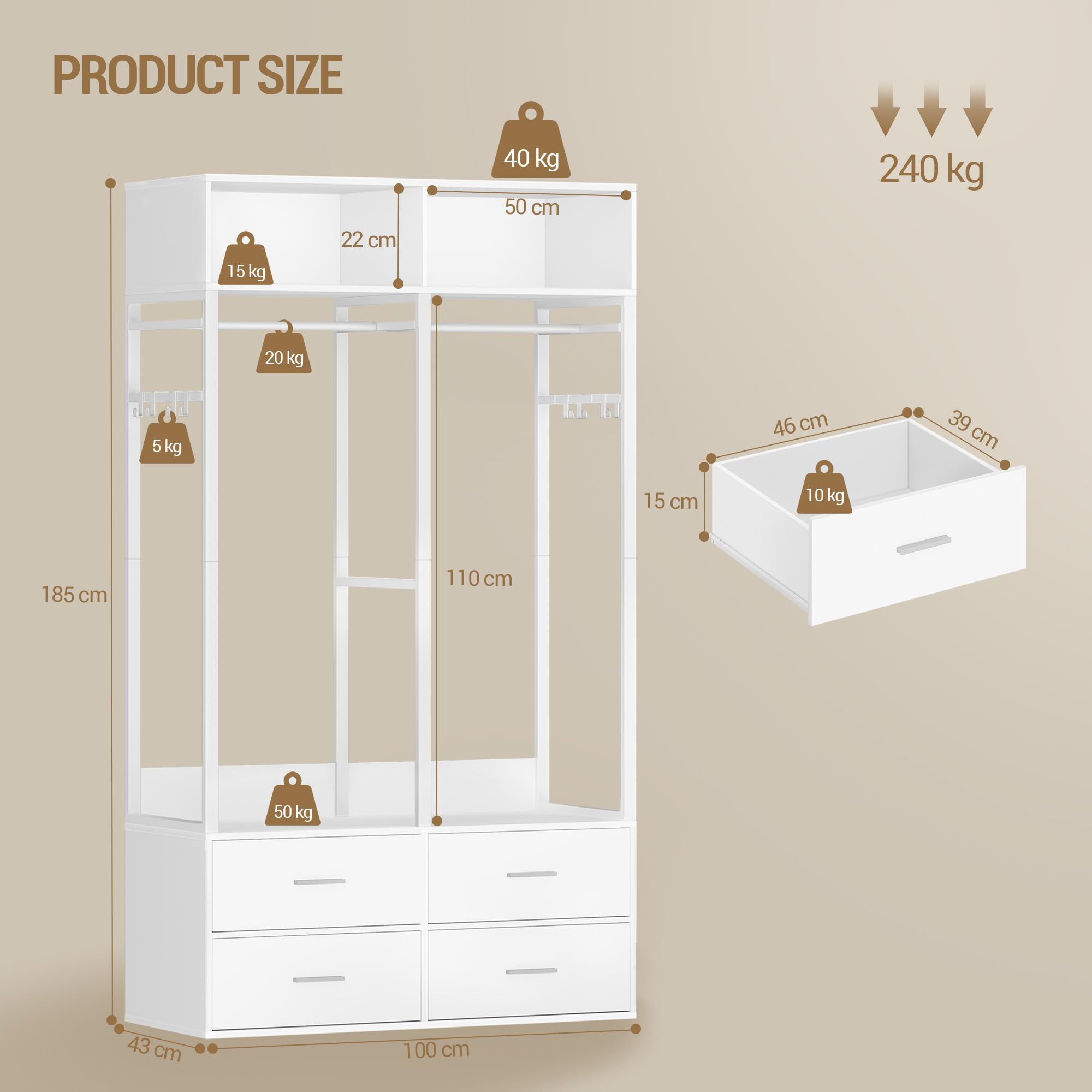 Hzuaneri Kleiderschrank 100 cm, Offene Ablageregale, Eisenholz, Mit 4 Holzschubladen, Oberes Staufach, Moderner Stil, Geeignet für Schlafzimmer und Ankleidezimmer, 100 x 43 x 185 cm, Weiß BW06603W