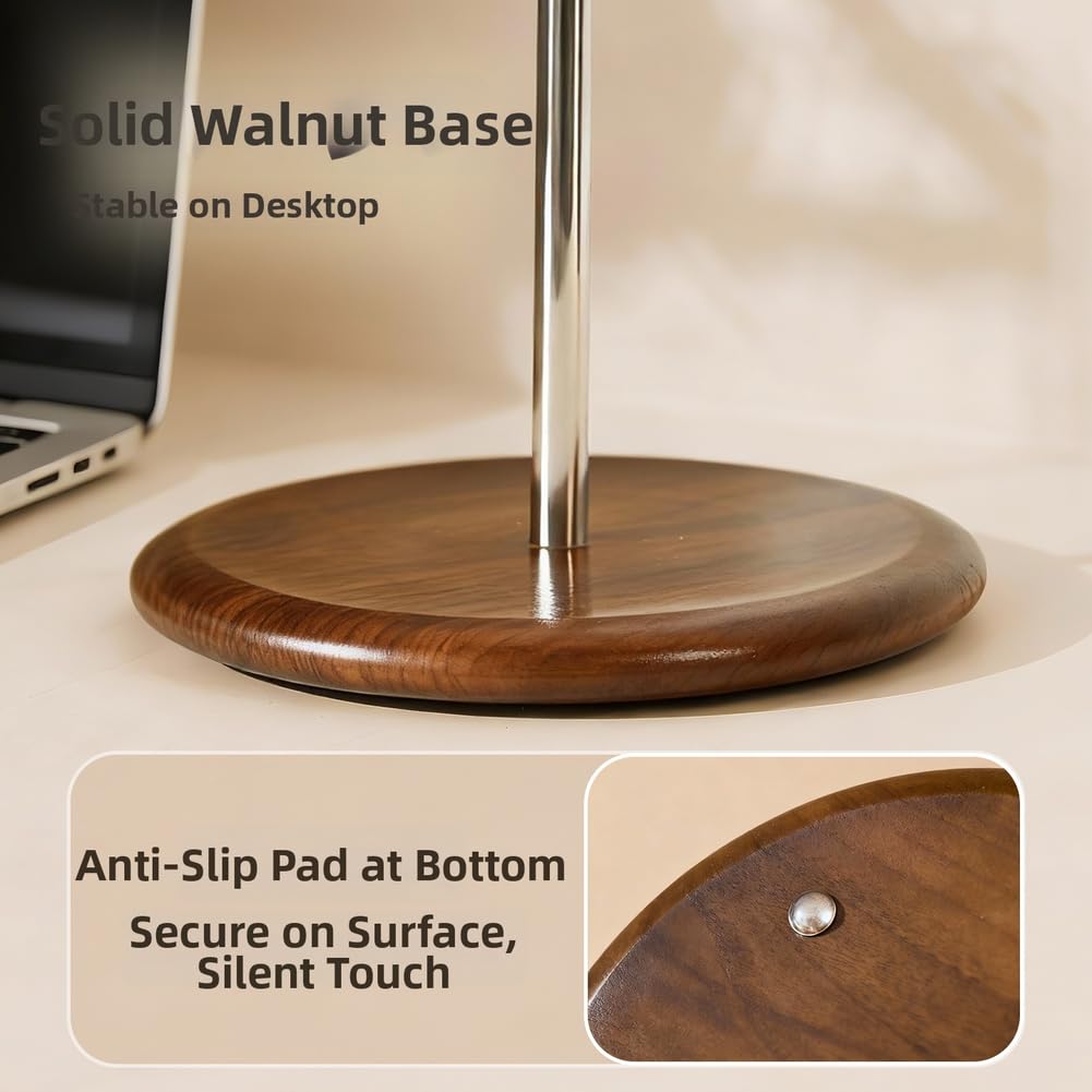 Supporto per cuffie in legno di noce e alluminio, stabile supporto da scrivania con base in silicone antiscivolo e ripiano per cuffie da gioco fino a 27 cm di altezza