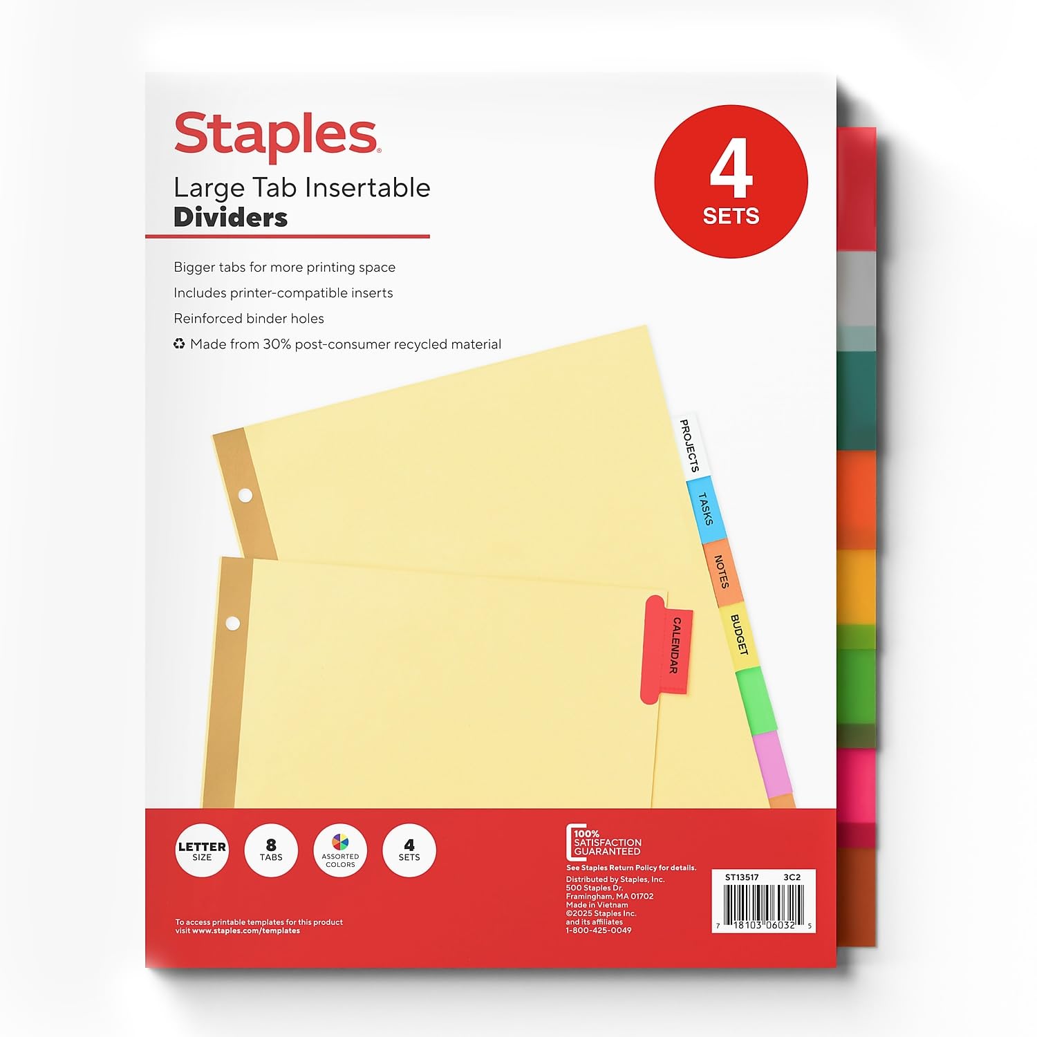 Staples 8-Tab Large Insertable Print-On Dividers for 3-Ring Binders, Letter Size 8.5 x 11 Inch, Assorted Colors, 4-Sets