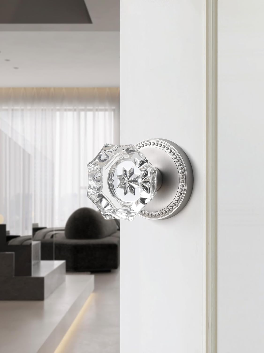 Satin Nickel Door Knobs Crystal Door Knob Brushed Nickel Passage Door Knobs Glass Silver Interior Door Knob for Hall and Closet 1 Pack