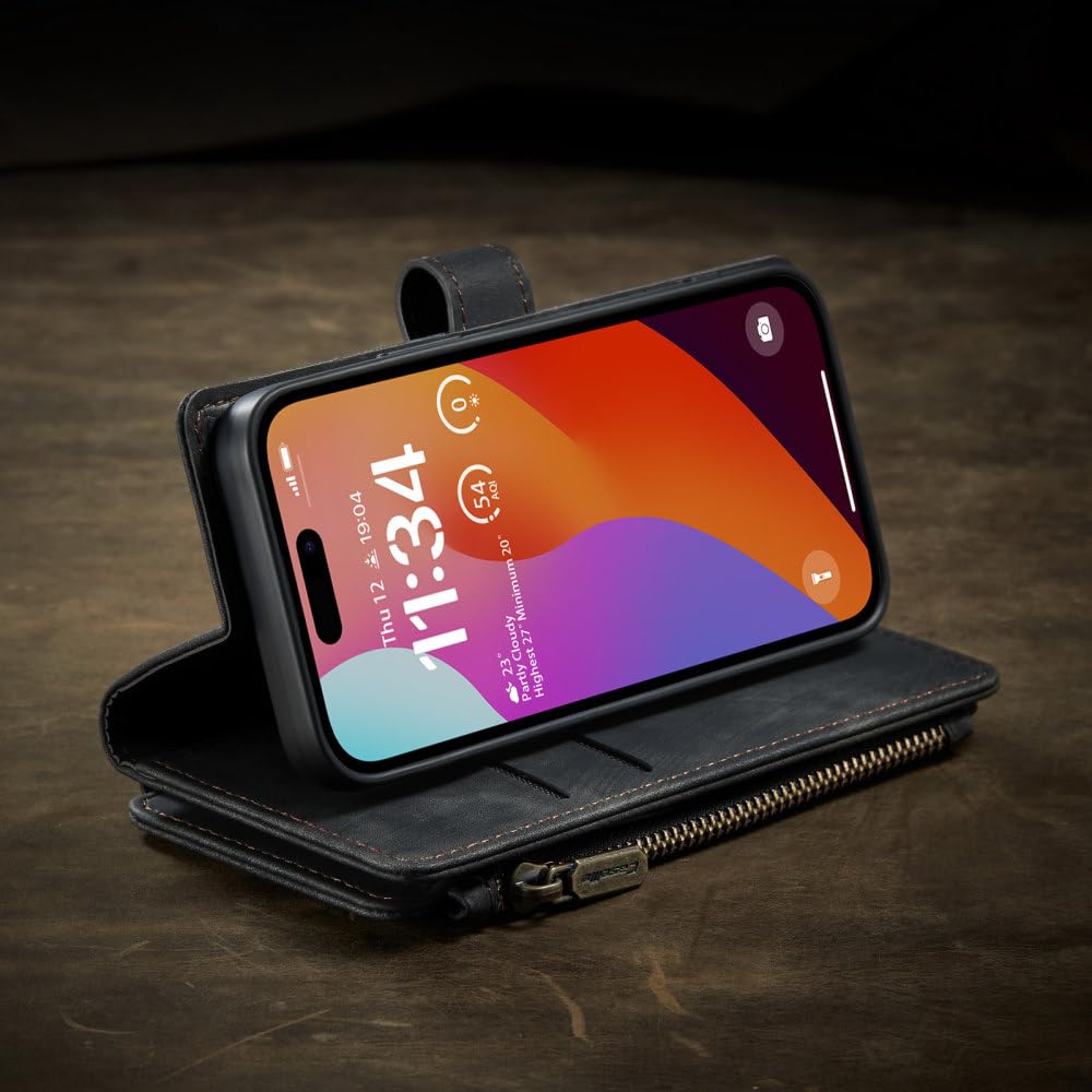Funda tipo billetera de cuero de lujo para iPhone 15 14 13 12 Mini 11 Pro XS Max X XR Funda tipo billetera con ranura para tarjeta con cremallera para iPhone SE 7 8 Plus, negro, para iPhone 14 Pro