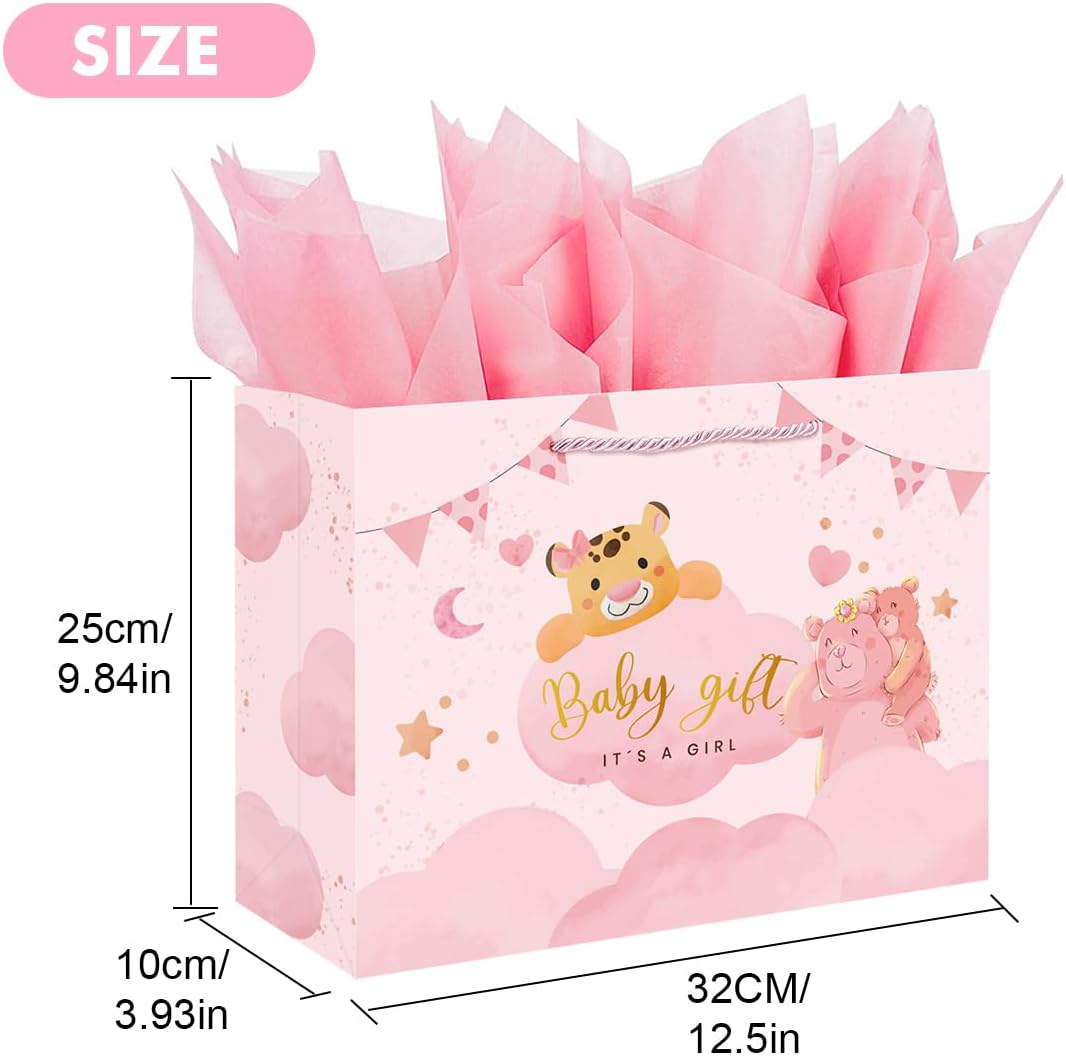 Baby Girl Gift Bag with Handles 12.5'' Cute Pink Gift Bag It's A Girl Cuddle Bear Tiger Design With 3 Matching Tissue Paper for Baby Shower Birthday Newborn Gifts Gender Reveal Party Favors Decor Supplies - Image 2