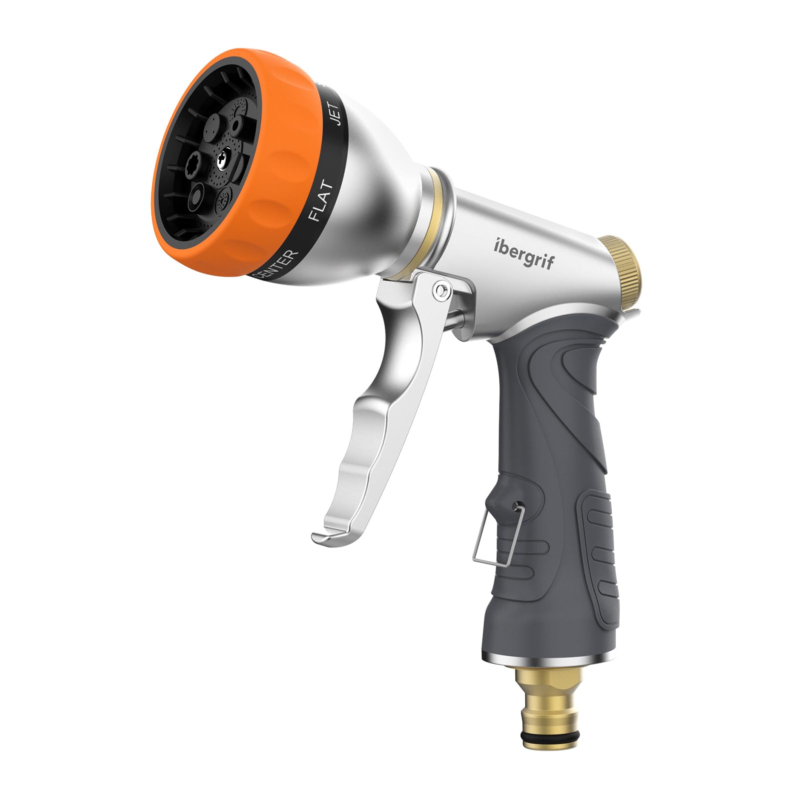 Ibergrif Hose Pipe Spray Gun, High Pressure Hose Nozzle and Heavy Duty Metal Garden Hose Spray Gun, 7 Patterns and Water Flow Control, for Lawn & Garden Watering Equipment, Orange/Gray