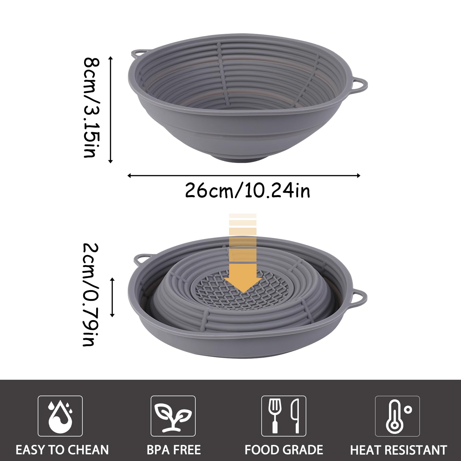 Silicone Bread Proofing Basket, 10.2 Inch Silicone Proofing Baskets for Sourdough Bread Baking, Round Collapsible Oven Banneton Dough Bowl with Handle for Home Bakers Bread Baking, Grey