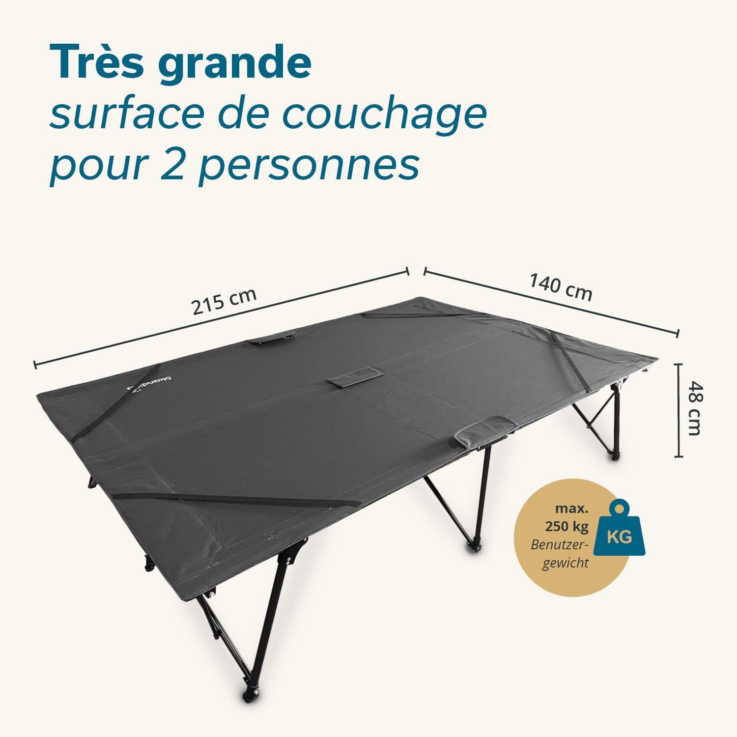 Skandika Lit de Camp Bodo| Lit de Camp Double pour 2 Personnes, Lit de Camping Pliable, supporte jusqu'à 250 kg, Lit d'appoint | Lit de Camping pour l'extérieur, Le Balcon, Le Jardin