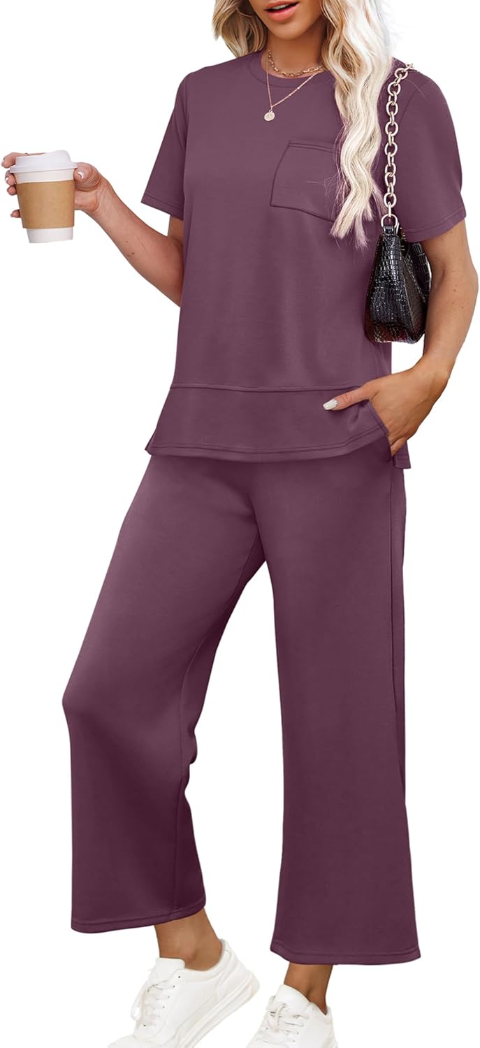 OFEEFAN Women's Lounge Sets Fashion Outfits Wide Leg Loungewear Side Slit Tracksuit for Vacation Travel Airport S-3XL