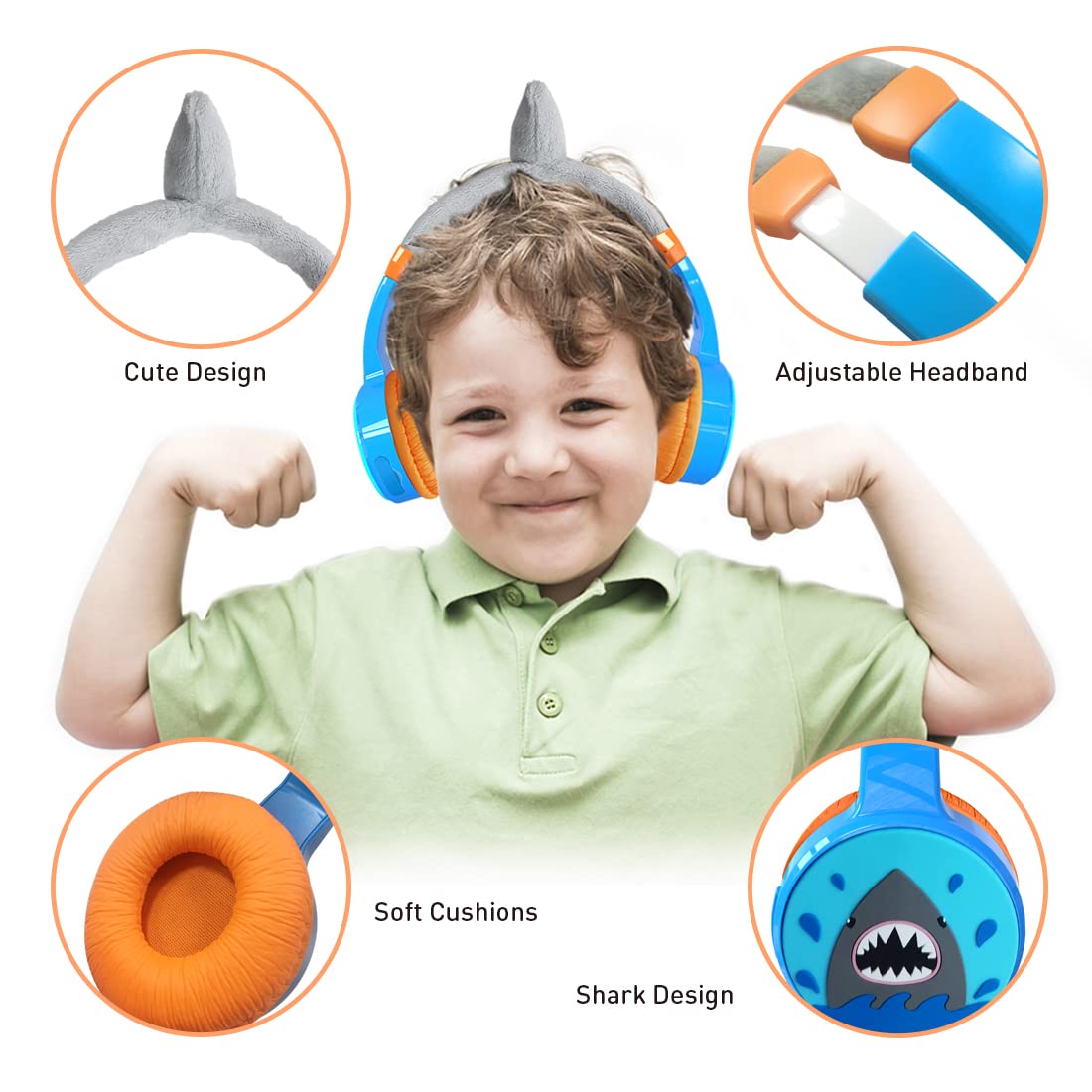Bluetooth Kopfhörer Kinder, Shark Kinder Kopfhörer mit Kabel, Mikrofon, 85dB Lautstärkebegrenzung, 3.5mm Jack, Audio-Sharing, Over Ear Jungen Mädchen Headset für Tablet/Reisen