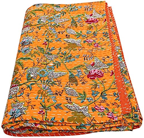 Vinsan Home Indiase handgemaakte Kantha Gewatteerde Vintage Katoenen Quilt Paradise Print Boho Coverlet Gooi Sprei Deken Beddengoed Thuis Decoratieve Gudri (Twin Size 60 "x 90", Saffraan)