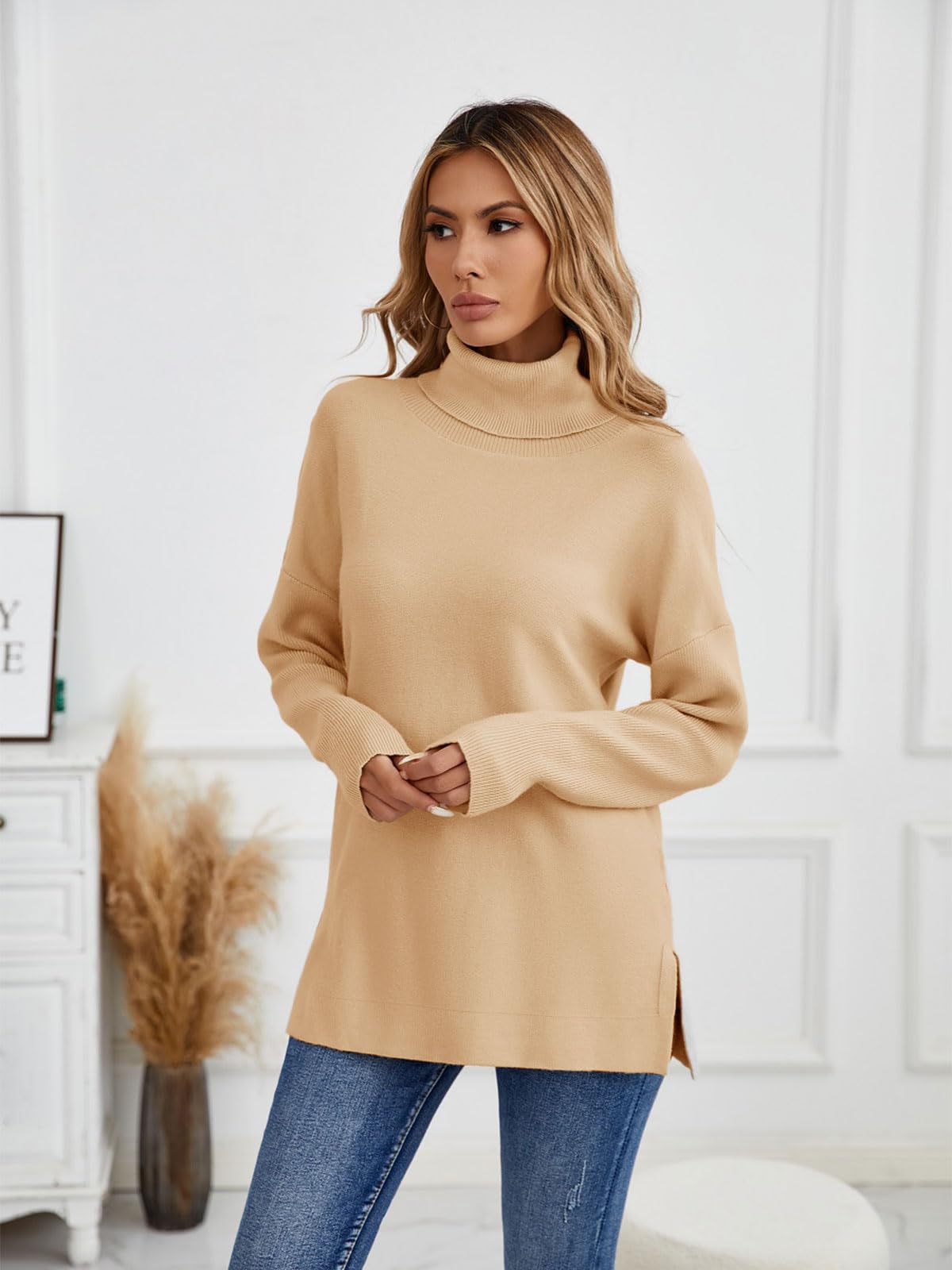 Imily Bela Sweter damski oversize, długi golf z dzianiny, rozcięcie boczne, ciepły, jednokolorowy, na jesień i zimę