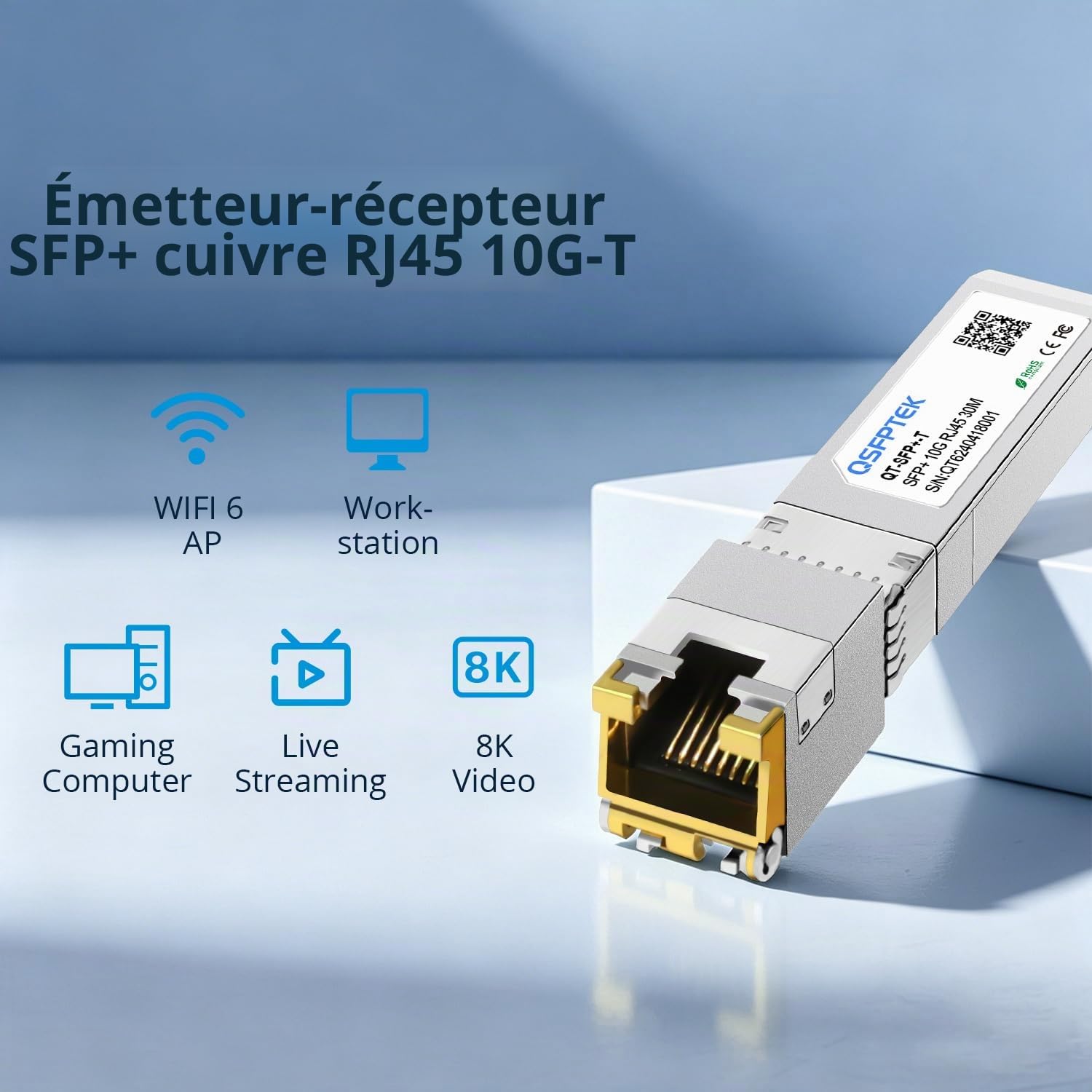 QSFPTEK (2Pack) 10GBase-T RJ45 SFP+ 30m Cuivre Module 10G SFP+ RJ45 Mini-GBIC SFP+ vers RJ45 pour Cisco SFP-10G-T-S, Ubiquiti UF-RJ45-10G, Netgear, Mikrotik, jusqu'à 30m