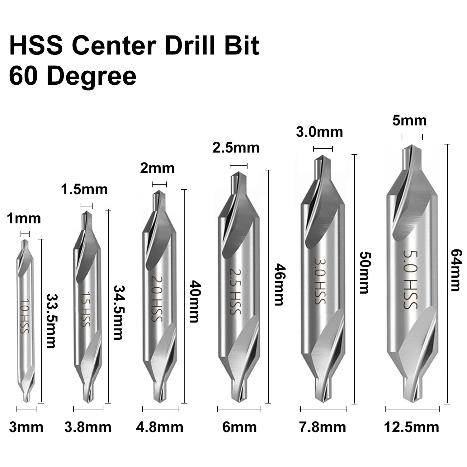 Brocas centrales combinadas HSS, taladro avellanador de 60 grados for trabajos de torno de Metal, 1 ud.(6.0mm)