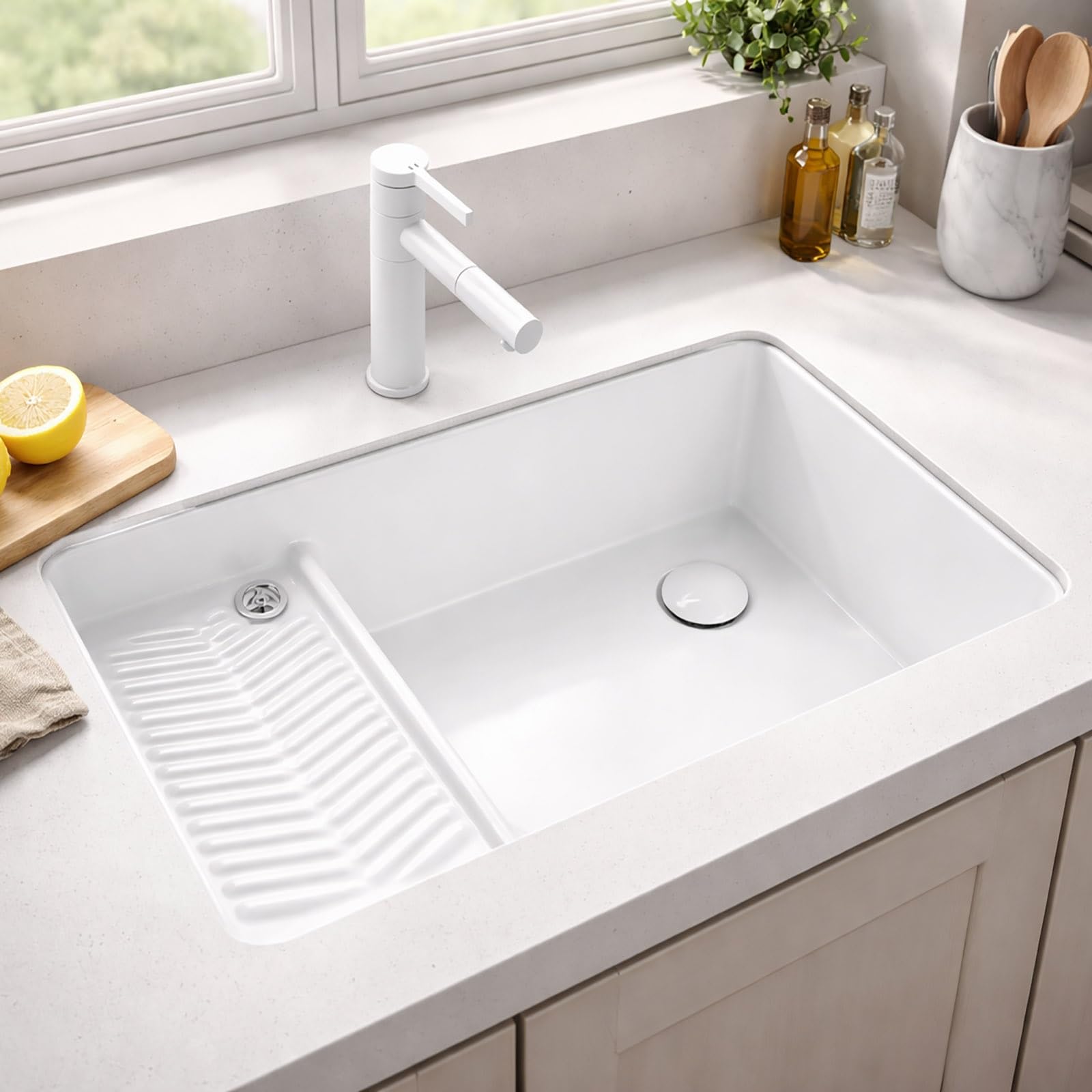 Fregadero blanco de cerámica de un solo cuenco para lavadero, lavadero, lavadero, lavabo, baño, tocador, moderno fregadero de porcelana blanca con escurridor y tubo de drenaje para inodoros (23 x 17