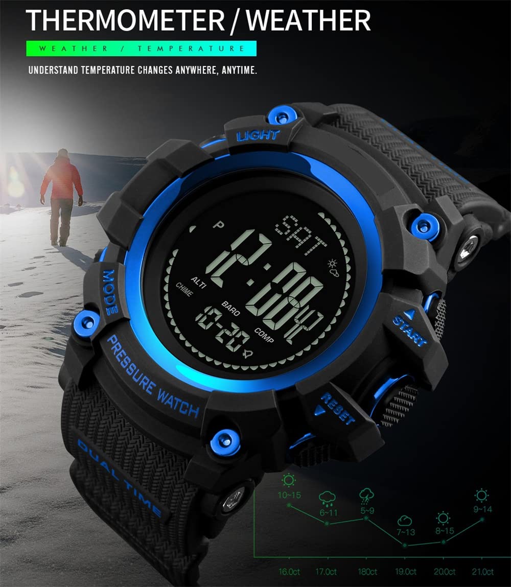 Homme Outdoor Militaires Sport Digital LED Plastique Montres Bracelet et Caoutchouc Ruban Multifonctionnel Boussole Podomètre Altimètre Baromètre Thermomètre