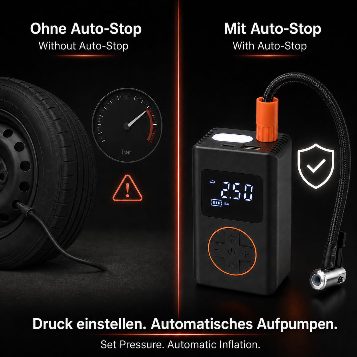 KOMBO - Tragbarer Kabelloser Luftkompressor 8V – Digitaler Autoreifenfüller 130 PSI mit Auto-Stopp, USB-C und 5 Adaptern, Wiederaufladbarer Mini-Kompressor