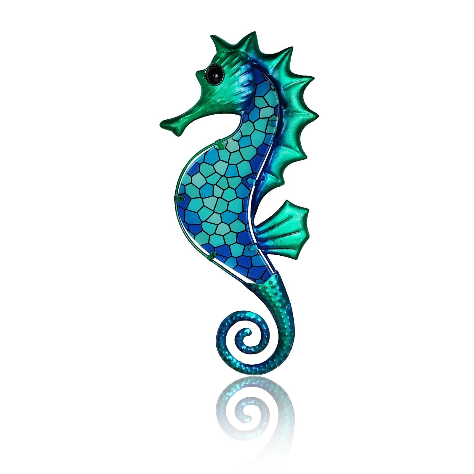 LIFFY Decoración de pared de metal con diseño de caballito de mar con mosaico de cristal, escultura costera, decoración colgante para el hogar, jardín, valla, piscina, playa, baño
