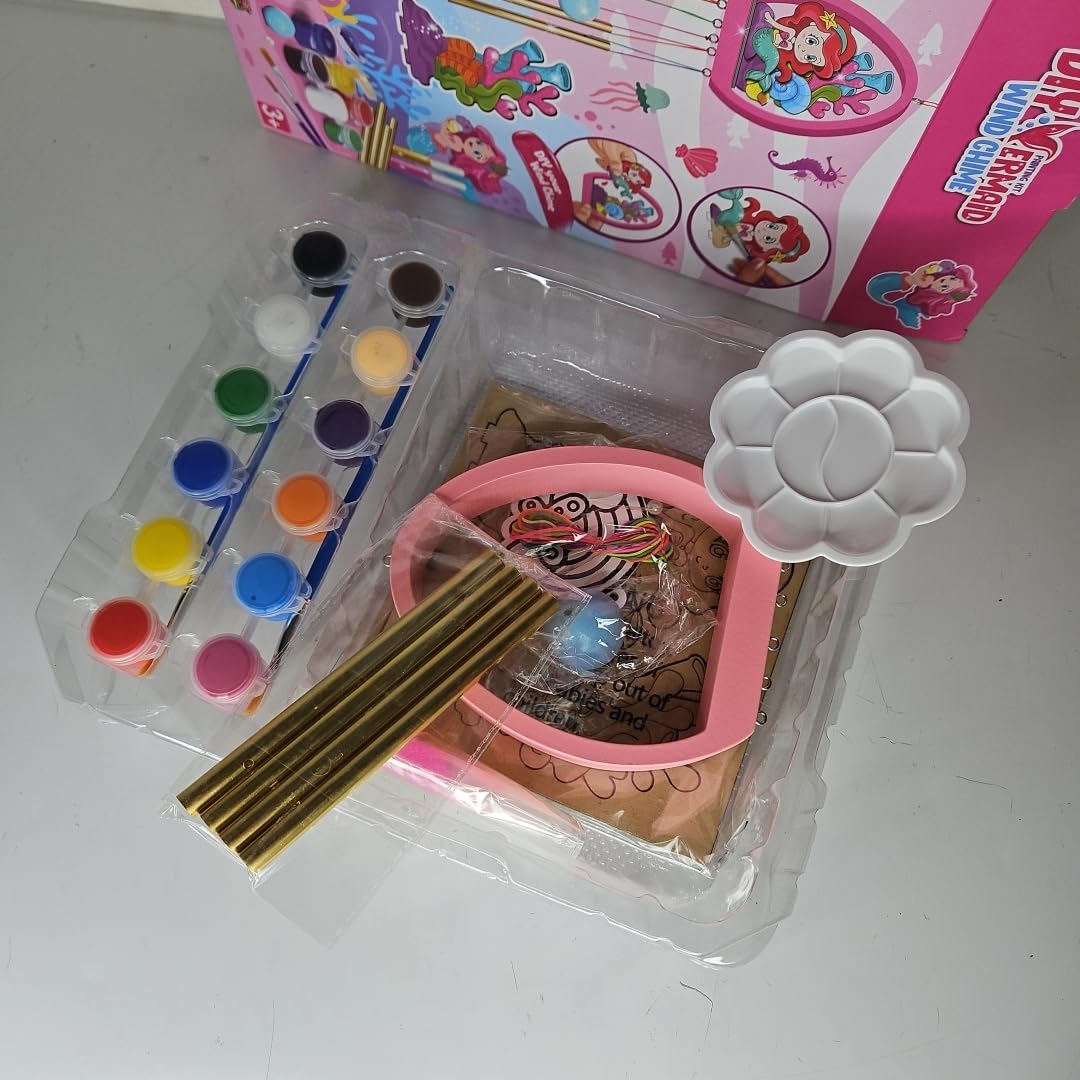 DIY Mermaid Wind Chime Wooden Craft Kit, All in One Painting Project for Kids, Birthday Party Gift, Ages 3+