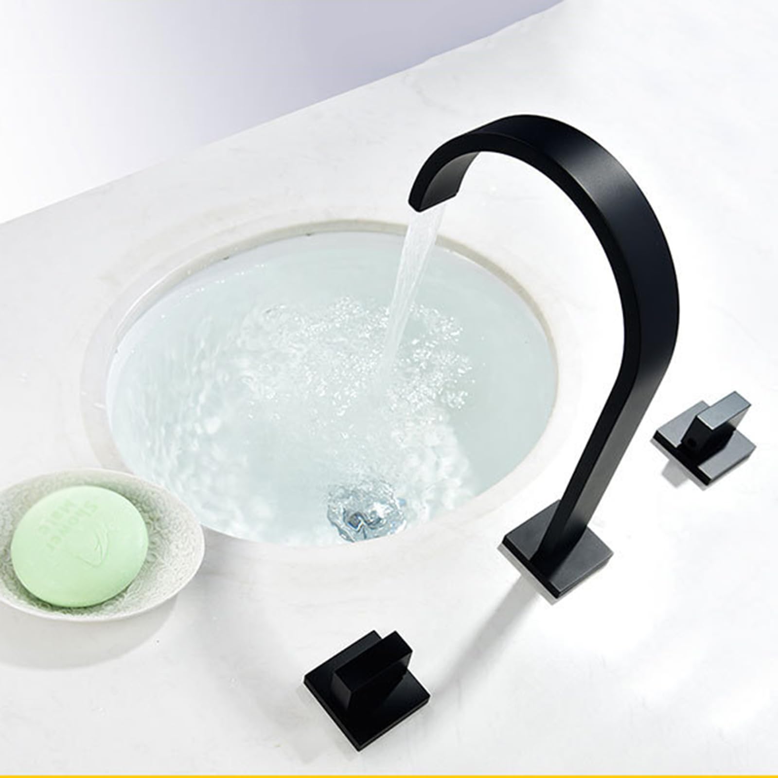Grifo Baño Cascada Caño Plano Bimando Grifos para Lavabos de Baño Grifo Latón 3 Orificios,negro