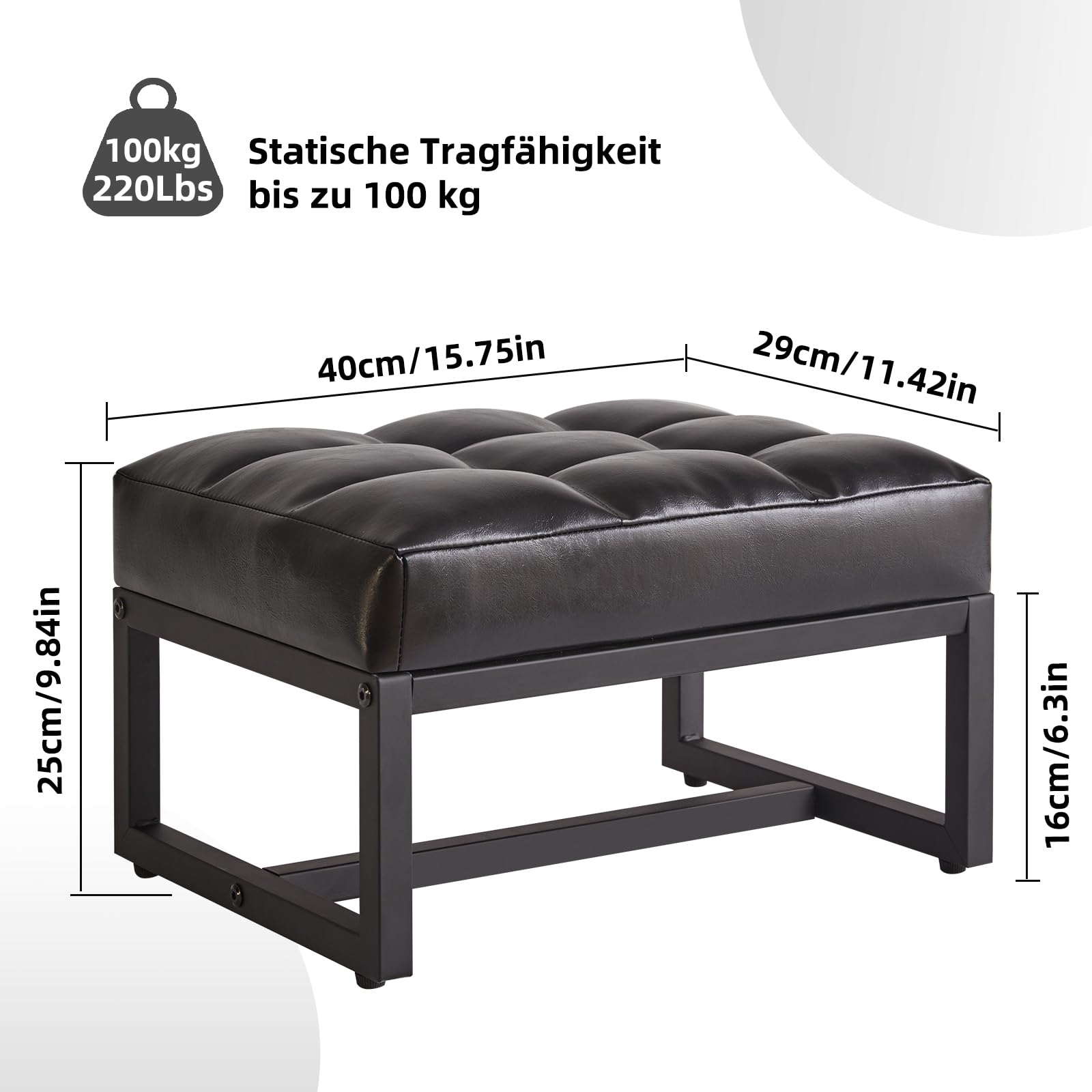 Aibiju Fußhocker, kleine osmanische Fußstütze, rechteckiger Ottoman mit stabilem Metallrahmen, Sofa-Fußstütze, zusätzliche Sitzgelegenheit für Wohnzimmer, Eingangsbereich, Büro, Schwarz YD-JD139B