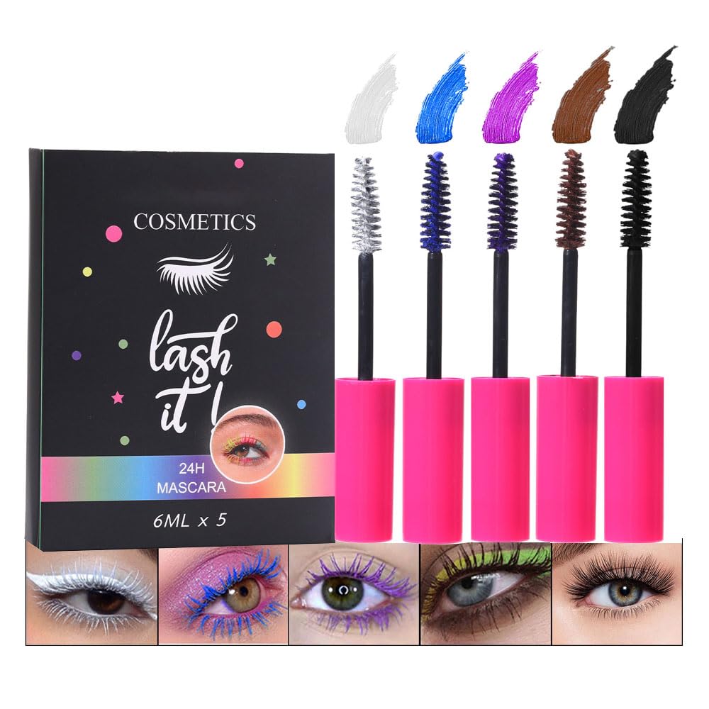Waterproof 5PCS Colorful Voluminous Mascara Set – Lengthening, Defining, Curling, Multiplying Formula (Cruelty-Free)-White Black Blue Purple Brown Colored Mascara Eyelash Makeup Pack, Festival Gift