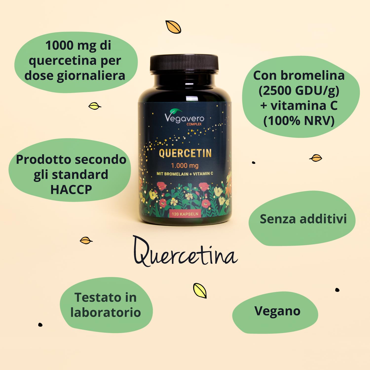 Quercetina Complex | 1000mg | Sophora Japonica | Con Bromelina, Vitamina C e Pepe Nero | Integratore di Flavonoidi | Alto Dosaggio | Vegan | Senza Additivi | Vegavero®