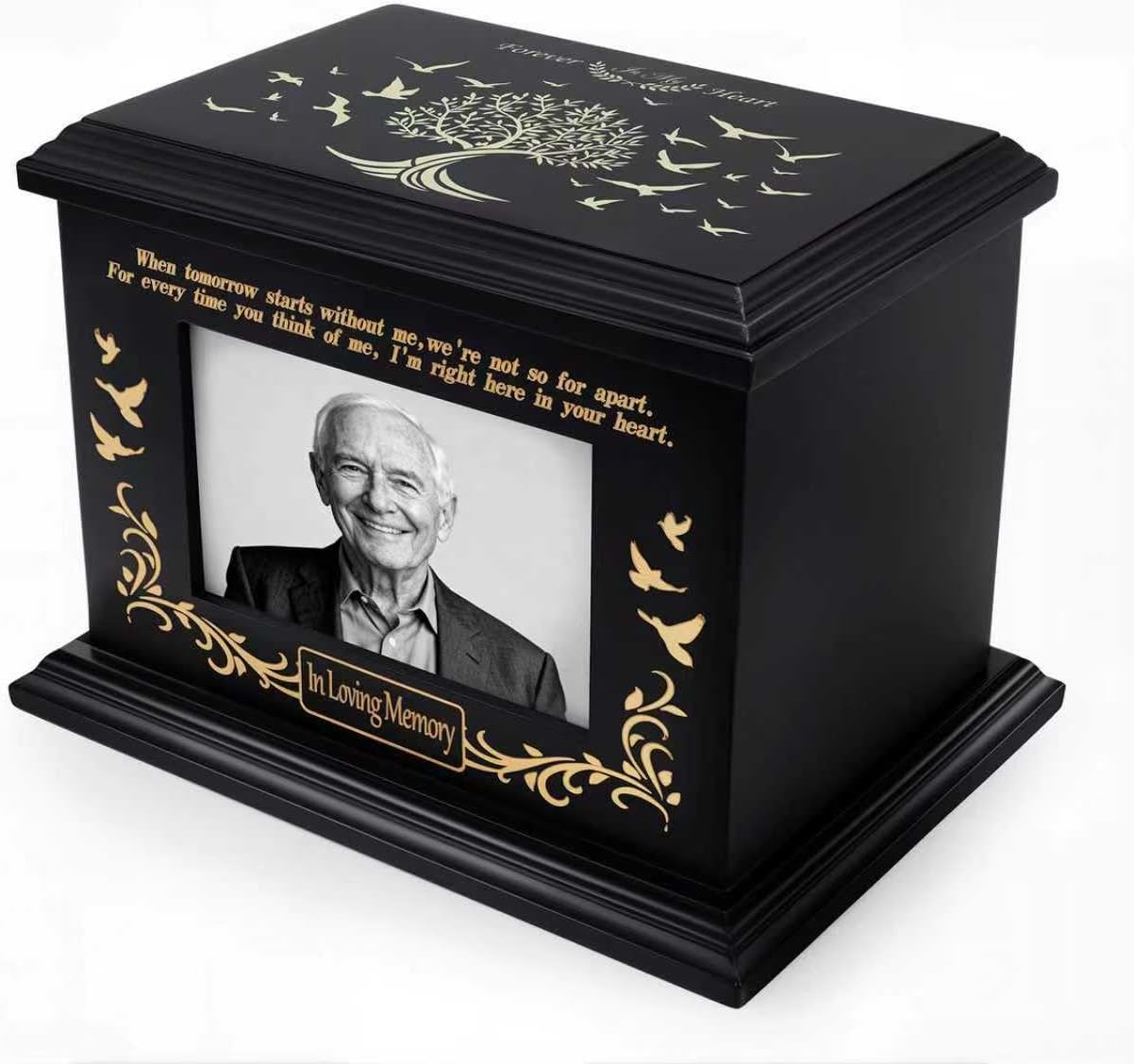 Cremation Urns for Human with Photo Frame, Urn for Ashes for Women, Wooden Urn for Ashes Adult Male, Keepsake Box Casket for Humans up to 240 lbs (Black, L, Tree of Life) Black Tree of life Large