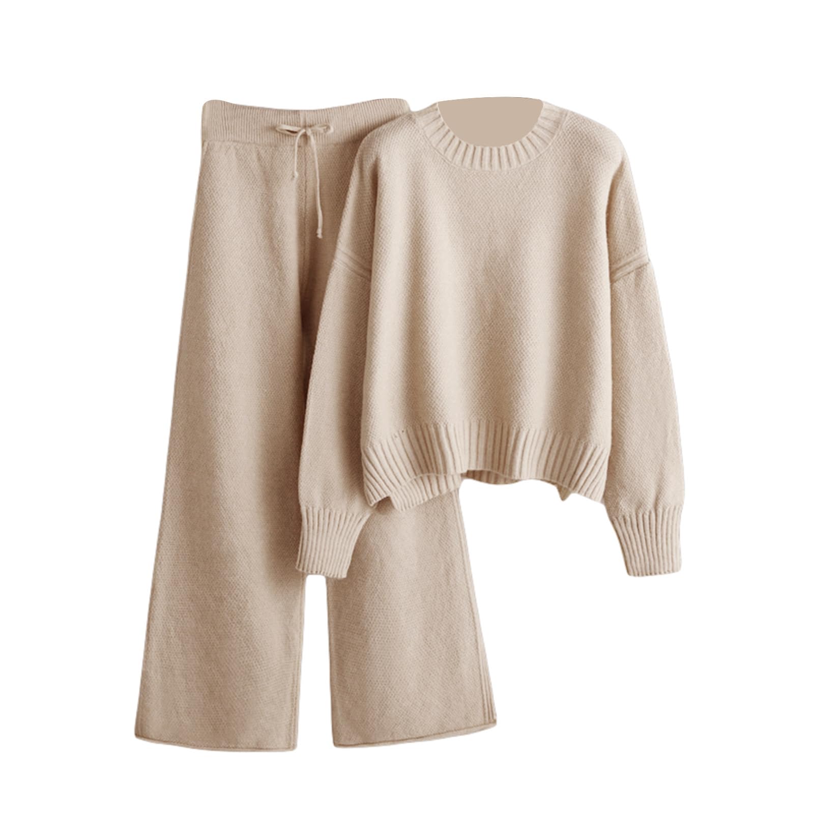 YassigliaWomen's 2 Piece Knitted Outfits, Long Sleeve Pullover Top + Wide Leg Pants Loungewear Co Ord Sets for Ladies Casual Streetwear