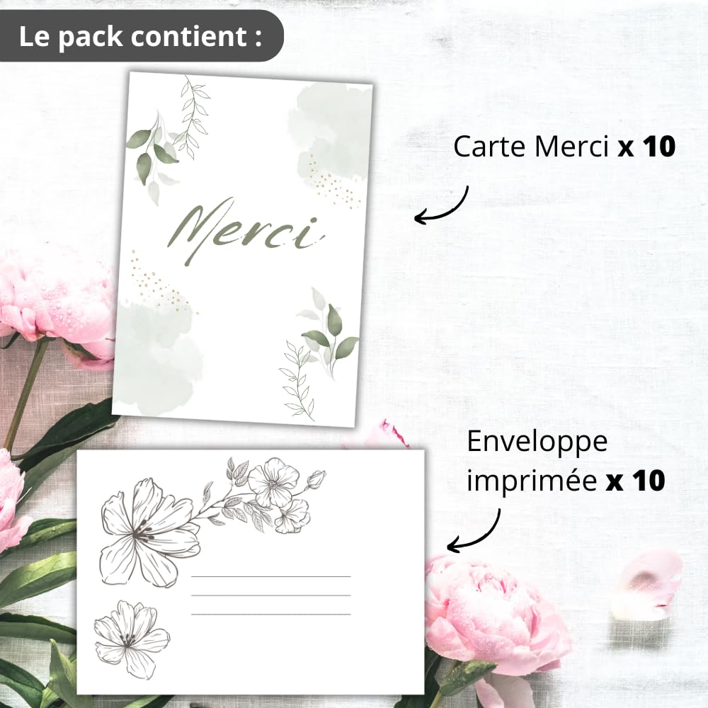Set 10 biglietti ringraziamenti con buste stampate | Design FLORAL | Cartolina 10,4x14,8 cm | Ringraziamento matrimonio nascita compleanno