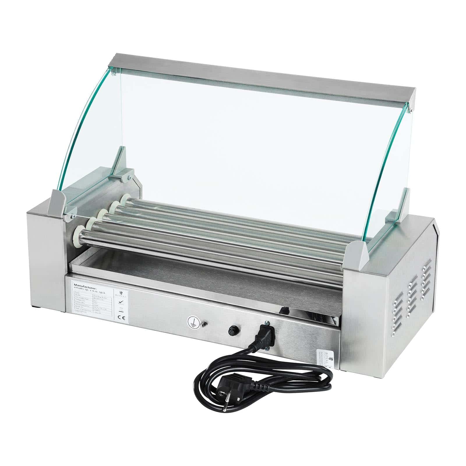 Royal Catering Hot Dog Grill Hot Dog Macchina Hot Dog Maker (5 rotoli, spazio per 8 salsicce, 1.000 W, 2 zone di riscaldamento, acciaio inossidabile) argento