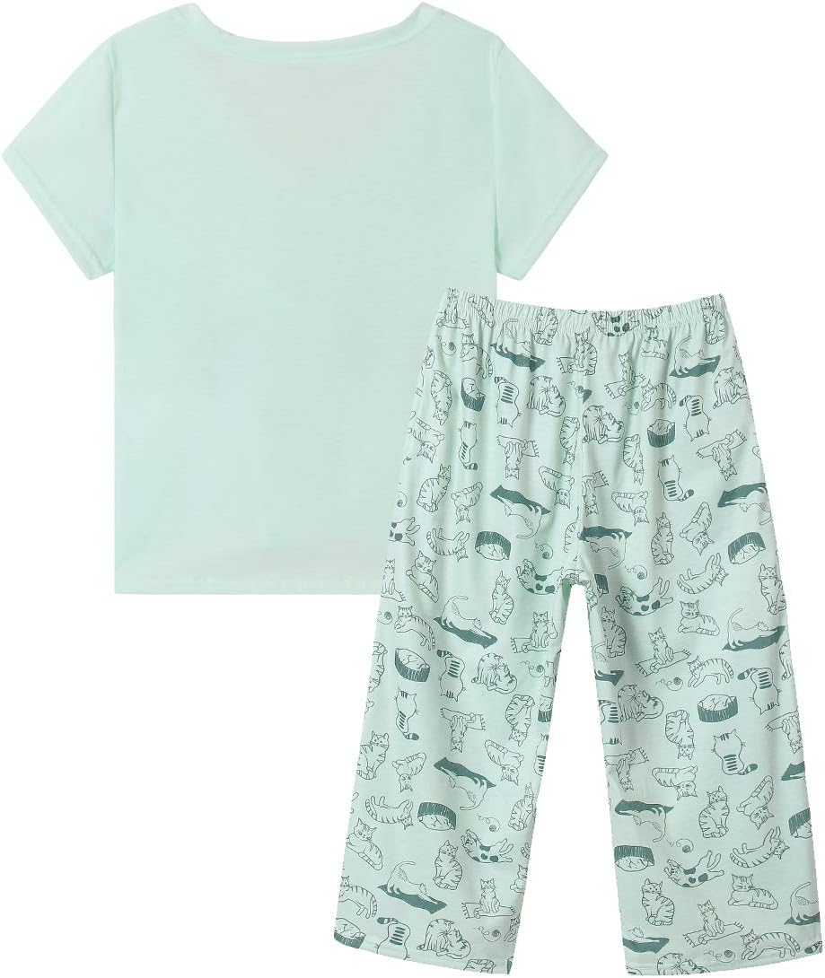 YIJIU Women Soft Comfy Pajamas Cute Cat Short Sleeve Capri Pants PJS Set - Image 2
