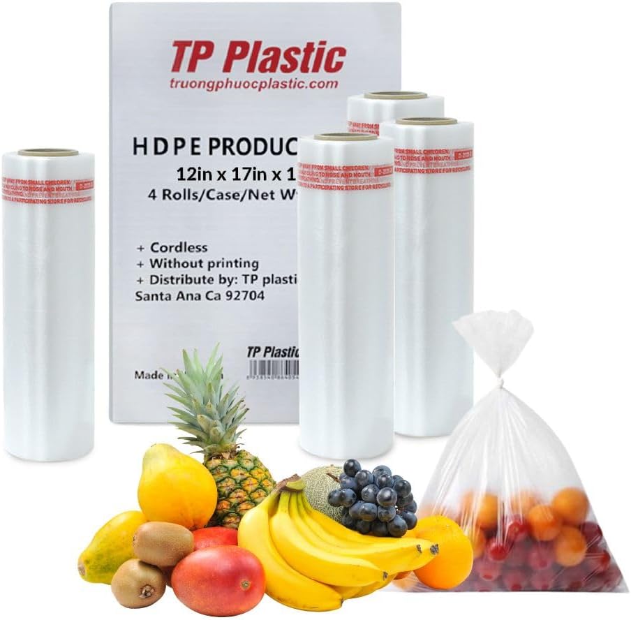 Food Storage Bags 12 x 17 Clear Produce Bag Roll – 4 Rolls, 240 Bags/Roll – For Fruits, Vegetables, Bread, Grocery & Kitchen Use (960 Bags Total)