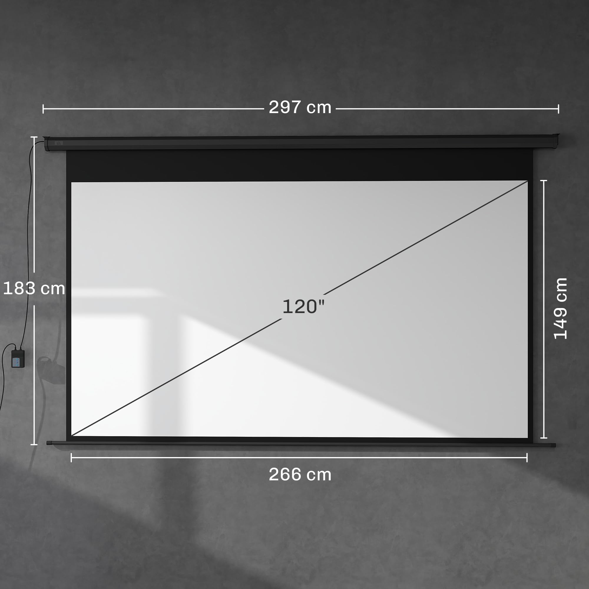 HOMCOM Beamer-Leinwand Elektrisch 266 x 149 cm 16:9, Metall Schwarz | Projektionsleinwand mit Fernbedienung, Filmleinwand für Heimkino, Präsentation