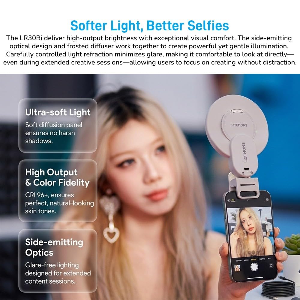 Godox LR30Bi LED Luce Selfie Smartphone, Ring Light Portable USB-C Bi-Color | Luce Morbida CRI97+, 2800K-6500K, Specchio Rimovibile, Ideale per TikTok, Make-up, Vlog e Videochiamate.