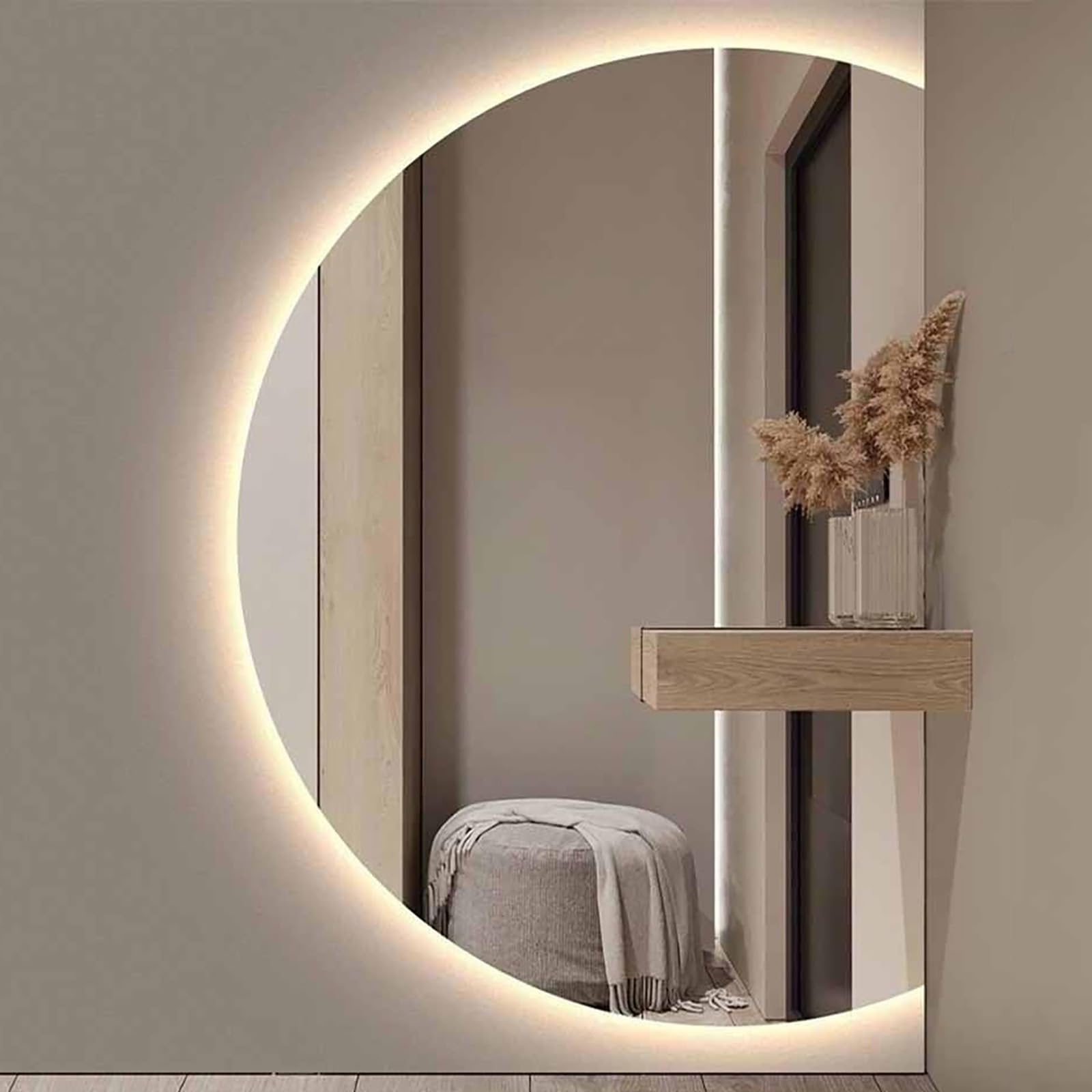 SXFSDOU Half Moon Backlit Vanity Mirror, 39" Smart Light Up Frameless Bathroom Mirror 47" 3 Colors Dimmable with Anti-Fog Shatter-Proof Touch Switch(Right Cut,100x70cm/39x28in)
