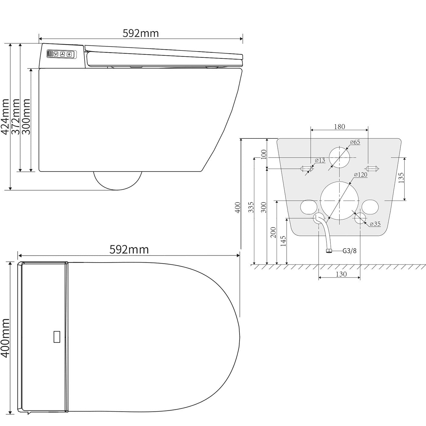 BERNSTEIN - Toilettes WC japonais suspendu lavant Cuvette Blanc + télécommande, siège chauffant, Jet douche & Stérilisateur, séchoir air chaud, filtre anti-odeurs, Abattant LED, 59x42x43cm - 540 PRO