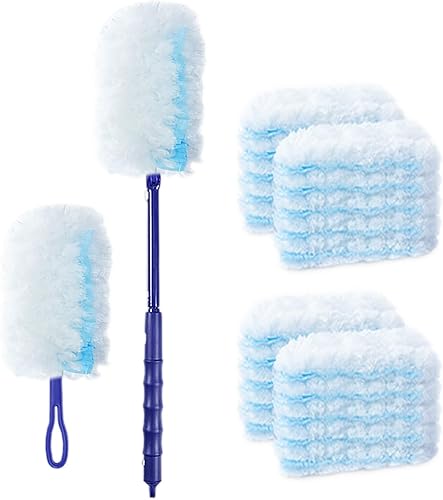 Miniatura 1 de SUZZYVINE Plumero desechable de 360 grados con un mango largo más un mango corto, 12 repuestos de plumero, azul y blanco