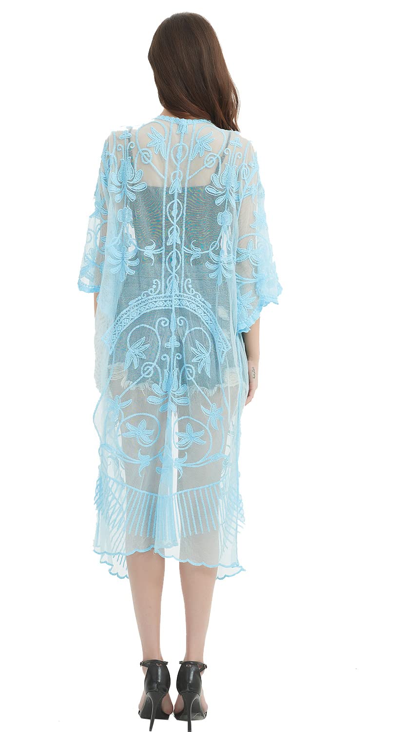 marysgift Kimono largo para mujer, cárdigan de encaje de ganchillo, floral, bikini, playa, salida de baño
