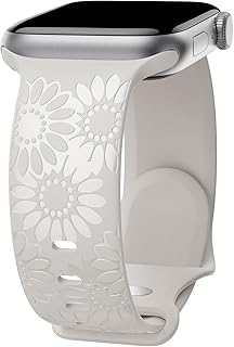 Sunflower Engraved Band Compatible with Apple Watch Bands 38mm 40mm 41mm 42mm 44mm 45mm 46mm 49mm Women, Designer Glossy Floral Silicone Strap for iWatch Series Ultra 10 9 8 7 6 SE 5 4 3 2 1