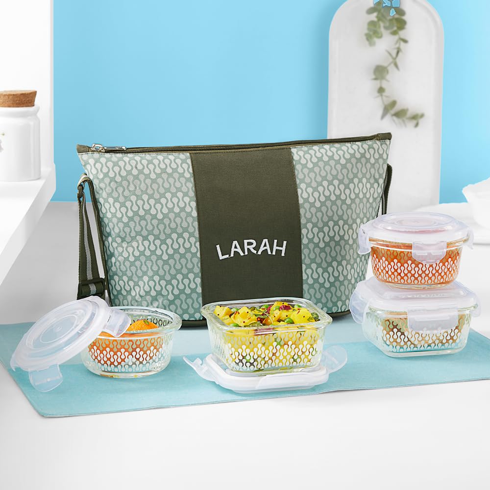 Larah Glassware Gracia Green Borosilicate Glass Lunchbox with Bag | Microwave & Dishwasher Safe, Leakproof | Tiffin for Office, School, College (Daisy)